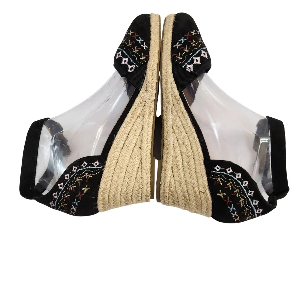 Dream Pairs Womens Black Embroidered Wedge Ankle StrapEspadrille Sandals Size 10